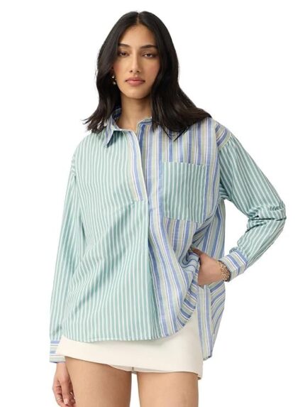 The Souled Store Stripe Shirt: Siesta Women and Girls Long Sleeves Collared Neck Button Front Cotton Blend Boyfriend Shirts