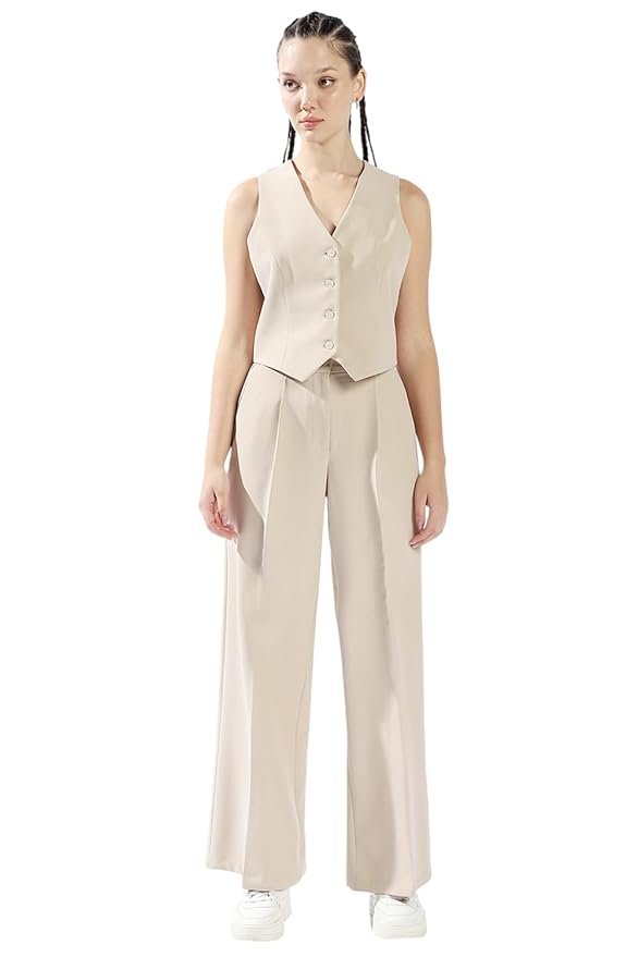 7-1-1.jpg High Star Women Solid Regular Length Tailored Fit V Neck Sleeveless Waistcoat and Wide Leg Trouser Co-ord Set - Image 1