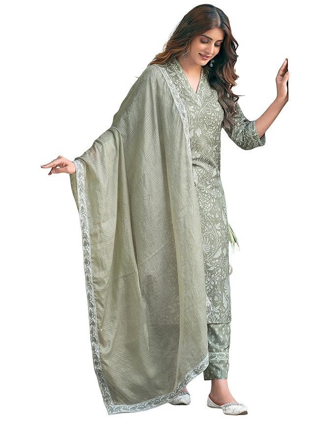 7-3-1.jpg SKYLEE Women's Rayon Floral Printed and Printed Lace Straight Kurta with Pant & Dupatta - Image 1