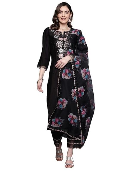 INDO ERA Women's Viscose Embroidered Straight Kurta Pant With Dupatta Set