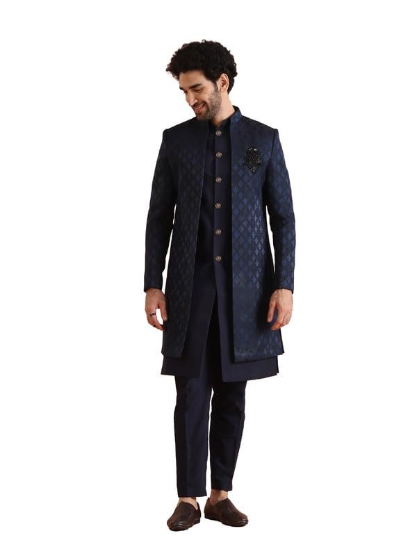 77-2.jpg KISAH Mens Jacket Sherwani Trouser Set|Silk Blend Fabric Jacquard Pattern Indo-Western Sherwani Set for Men|Regular Fit Mandarin Collar Long Sleeves - Image 1