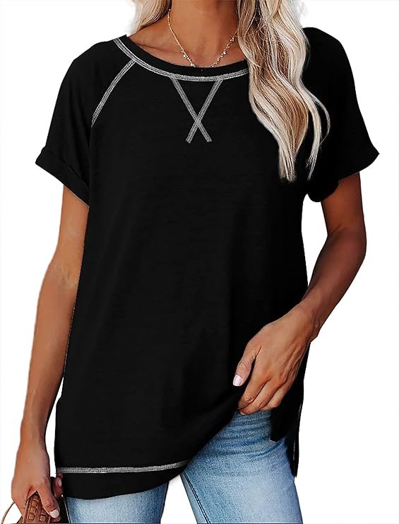 78.jpg Aokosor Women's Casual Short Sleeve Round Neck Loose Tunic T Shirt Blouse Tops with Pocket - Image 1