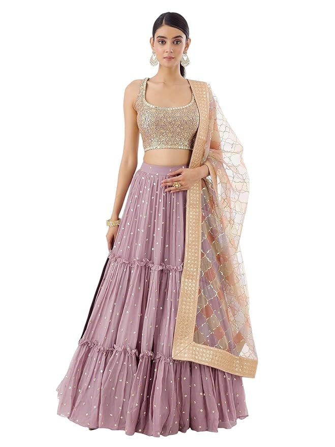 8-1-1.jpg Zeel Clothing Women's Zari Sequins Embroidered Georgette Lehenga Choli With Dupatta - Image 1