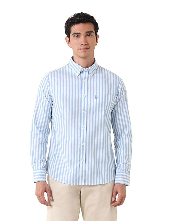 85-2.jpg U.S. Polo Assn. Men's Cotton Tailored Fit Vertical Striped Oxford Shirt - Image 1