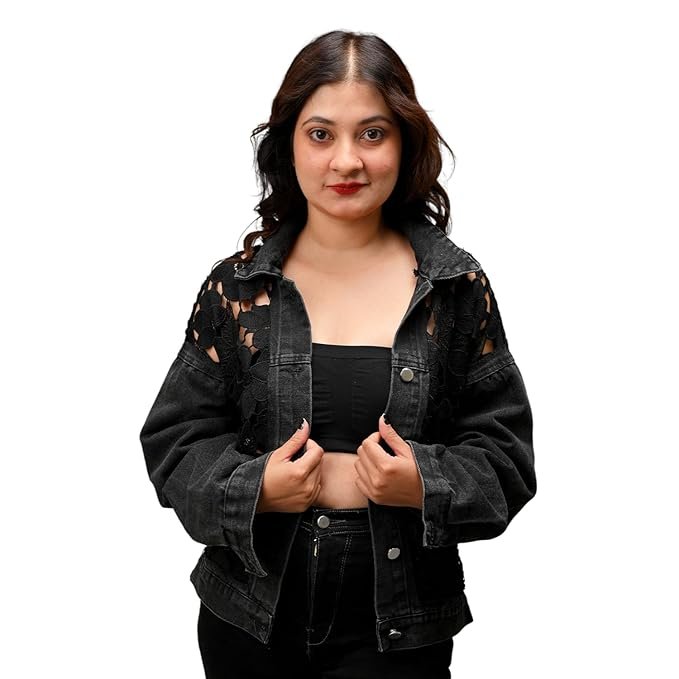 9-4.jpg Bithsha Black Floral Cut-Out Back Denim Jacket for Women | Unique Designer Embroidered Lace & Ventilated Mesh Back | Regular Fit Casual Outerwear | Stylish Gift for Girls, Birthday & Anniversary - Image 1